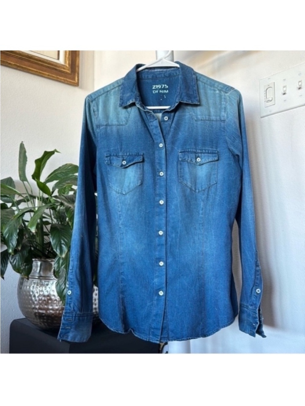 Zara Denim Jean Western Boho Button up Shirt Sz M Blue Bohemian
